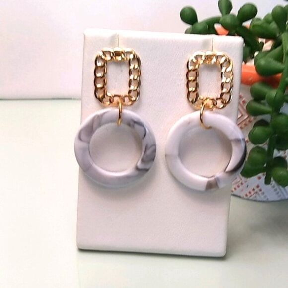 White & Gray Swirl Acrylic Hoop Drop Earrings. - Picture 3 of 4